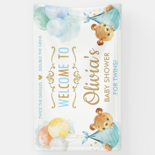 かわいいベアーツツインズボーイズシャワー歓迎の背景 横断幕 (縦)