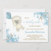 かわいいベアーテディブルーバルーンボーイベビーシャワー 招待状 (正面)