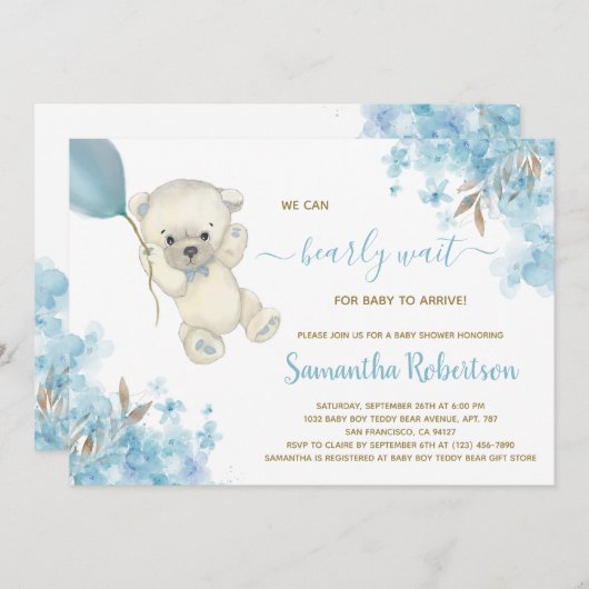 かわいいベアーテディブルーバルーンボーイベビーシャワー 招待状 (正面/裏面)