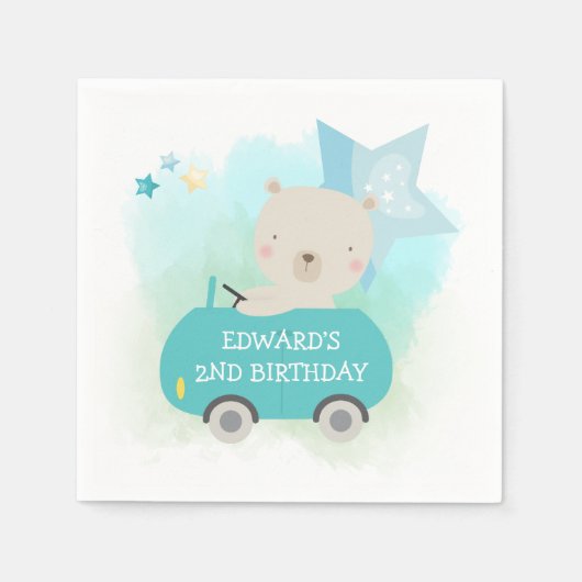 かわいいベアードライビングカーボーイズ誕生日パーティー スタンダードカクテルナプキン (正面)