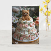 かわいいベアーピンクのバラ白いヒナギク誕生日おめでとう カード (黄色い花)