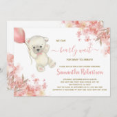 かわいいベアーピンクフローラバルーンガールベビーシャワー 招待状 (正面/裏面)