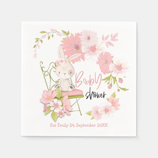 かわいいベアーピンク花模様ガールベビーシャワー スタンダードカクテルナプキン (正面)