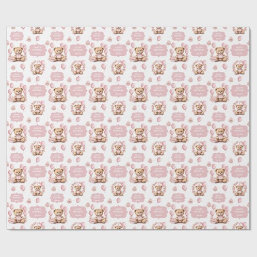 かわいいベアーピンク1歳の誕生日の名前ラッピング紙 ラッピングペーパー (フラット)