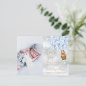 かわいいベアーブルーありがとう冬のベビー写真誕生 案内ポストカード (スタンド正面)