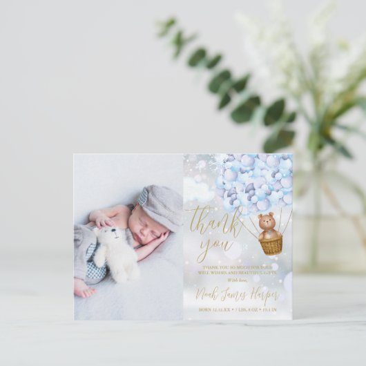 かわいいベアーブルーありがとう冬のベビー写真誕生 案内ポストカード (スタンド正面)