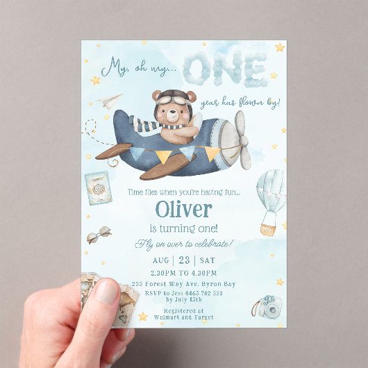 かわいいベアーブルー飛行機タイムフライ一つの誕生日 アクリル招待状 (インサイチュ (ポータブル))