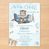 かわいいベアーブルー飛行機タイムフライ一つの誕生日 アクリル招待状 (正面)