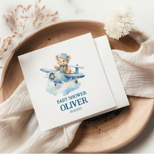 かわいいベアーブルー飛行機タイムフライ一つの誕生日 スタンダードカクテルナプキン