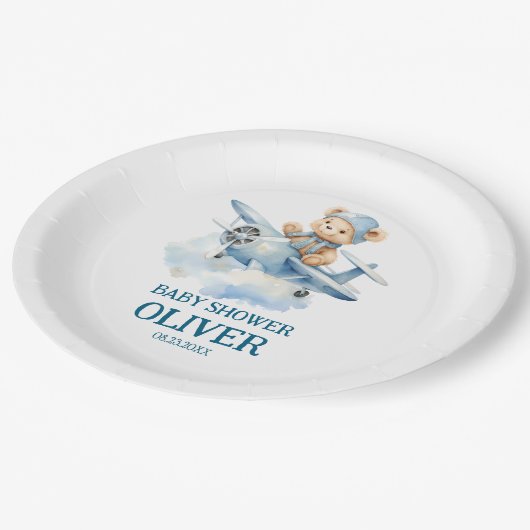 かわいいベアーブルー飛行機タイムフライ一つの誕生日 ペーパープレート (アングル)