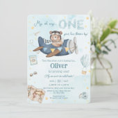 かわいいベアーブルー飛行機タイムフライ一つの誕生日 招待状 (スタンド正面)