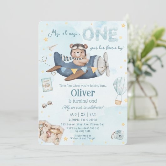 かわいいベアーブルー飛行機タイムフライ一つの誕生日 招待状 (スタンド正面)