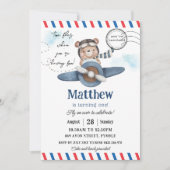 かわいいベアーブルー飛行機タイムフライ一つの誕生日 招待状 (正面)