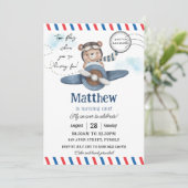 かわいいベアーブルー飛行機タイムフライ一つの誕生日 招待状 (スタンド正面)