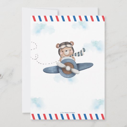 かわいいベアーブルー飛行機タイムフライ一つの誕生日 招待状 (裏面)