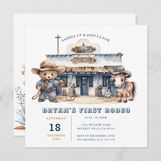 かわいいベアーボーイ私の最初のロデオワイルドウエスト誕生日 招待状 (正面/裏面)