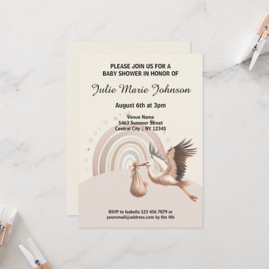 かわいいベイビーシャワー ベージュの招待状 招待状 (正面/裏面インサイチュ)