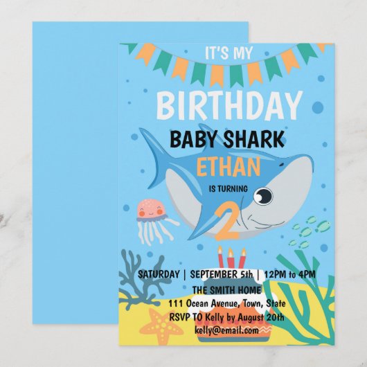 かわいいベイビーシャークの誕生日パーティー招待状 招待状 (正面/裏面)