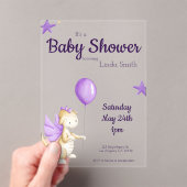 かわいいベイビードラゴン パープルの女の子 ベビーシャワー アクリル招待状 (インサイチュ (ポータブル))