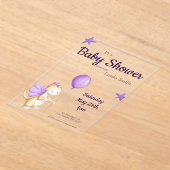 かわいいベイビードラゴン パープルの女の子 ベビーシャワー アクリル招待状 (レイダウン)