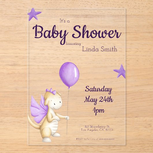 かわいいベイビードラゴン パープルの女の子 ベビーシャワー アクリル招待状 (正面)