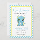 かわいいベイビードラゴン 青いストライプ 誕生日 招待状 (正面)