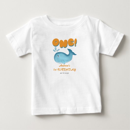 かわいいベイビーブルーイルカの1歳の誕生日 ベビーTシャツ (正面)