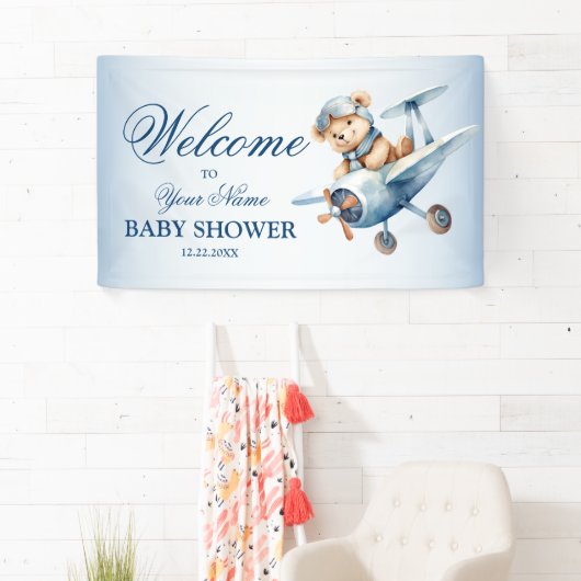 かわいいベイビーベアパイロットブルー飛行機へようこそ 横断幕 (インサイチュ)