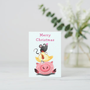 かわいいベストフレンド豚ちゃん、ひよこちゃん、マウスちゃんのクリスマス ノートカード