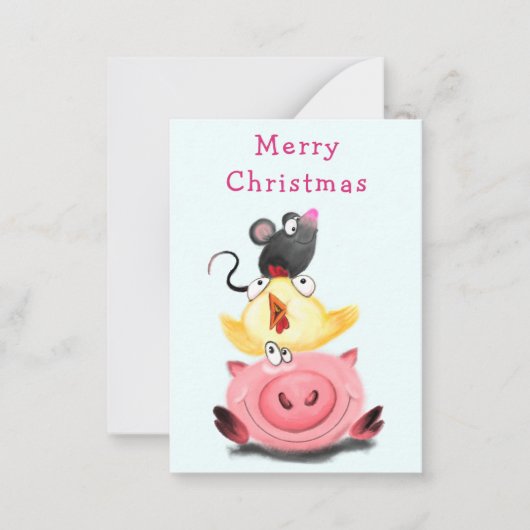 かわいいベストフレンド豚の女の子と鶏とねずみ  クリスマス ノートカード (正面)