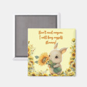 かわいいベビーうさぎホールディングヒマワリ |正方形マグネット マグネット (正面/裏面)