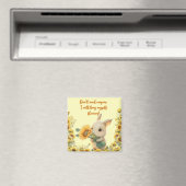 かわいいベビーうさぎホールディングヒマワリ |正方形マグネット マグネット (インサイチュ (食洗機))