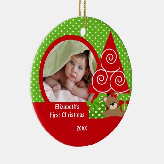 かわいいベビーくまの女の子の写真の初めてのクリスマスのオーナメント セラミックオーナメント (右)