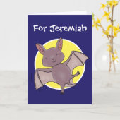 かわいいベビーこうもり飛んでいる漫画イラストレーション カード (黄色い花)