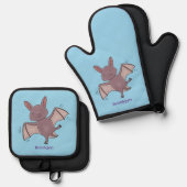 かわいいベビーこうもり飛んでいる漫画イラストレーション 鍋つかみ&鍋敷きセット (正面/裏面)