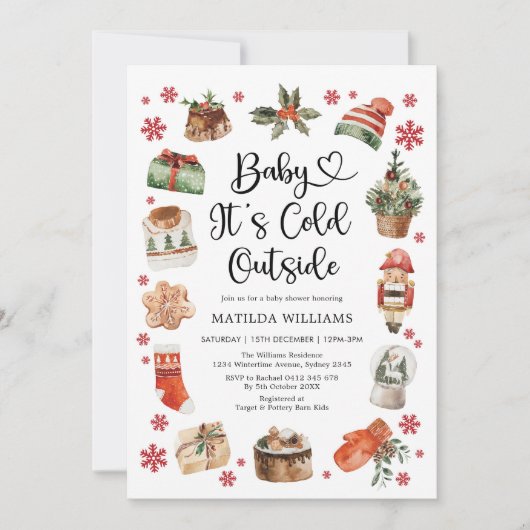 かわいいベビーその冷たい外クリスマスベビーシャワー 招待状 (正面)