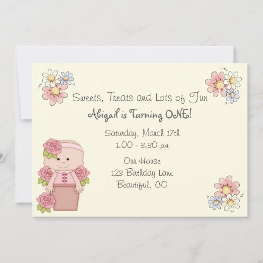 かわいいベビーとバラinフラワーポット1st誕生日 招待状 (正面)