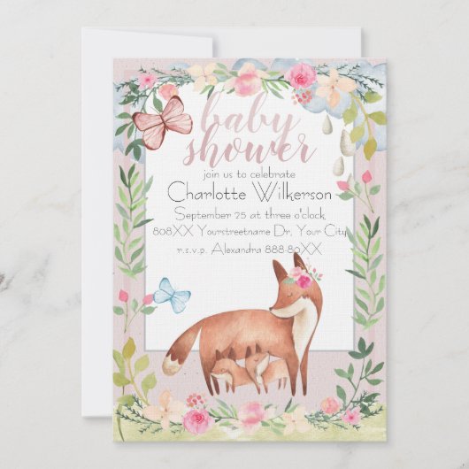 かわいいベビーとママキツネ水彩フローラ園 招待状 (正面)