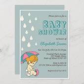 かわいいベビーと傘ベビーシャワー招待状ブルー 招待状 (正面/裏面)