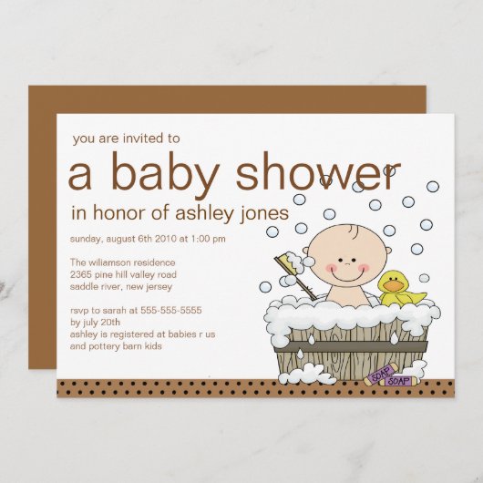 かわいいベビーのたらいの男の子のベビーシャワー 招待状 (正面/裏面)
