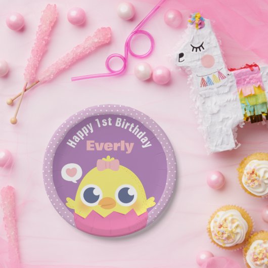 かわいいベビーのひよこの女の子の最初誕生会の供給 ペーパープレート (パーティー)