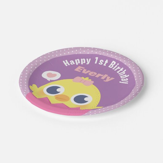 かわいいベビーのひよこの女の子の最初誕生会の供給 ペーパープレート (アングル)