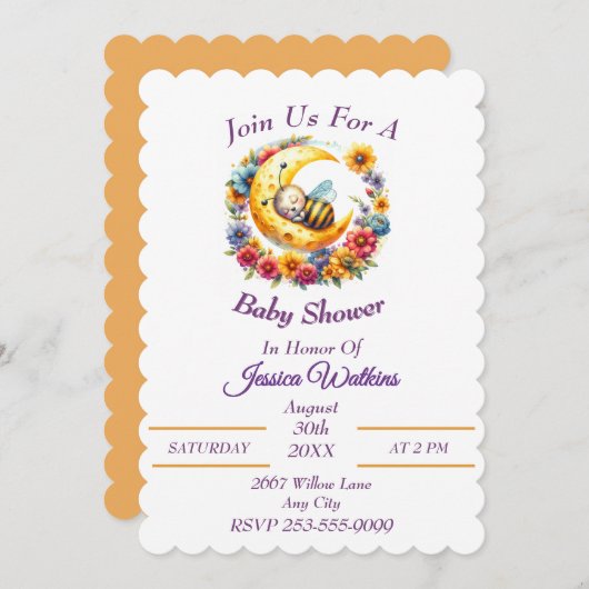 かわいいベビーのまわりに半月に眠る 招待状 (正面/裏面)