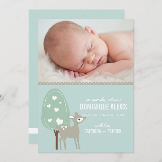 かわいいベビーのシカの写真の誕生の発表 案内状 (正面/裏面)