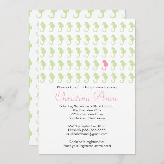 かわいいベビーのタツノオトシゴの女の子のベビーシャワー招待状 招待状 (正面/裏面)