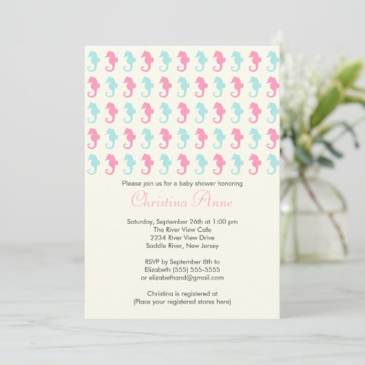 かわいいベビーのタツノオトシゴの女の子の男の子のベビーシャワーの招待状 招待状 (スタンド正面)