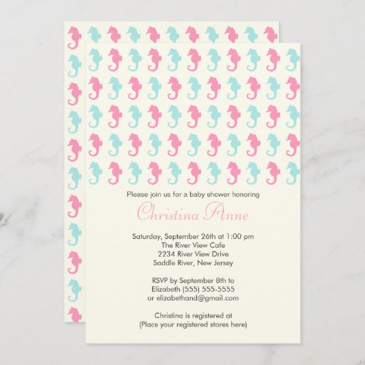かわいいベビーのタツノオトシゴの女の子の男の子のベビーシャワーの招待状 招待状 (正面/裏面)