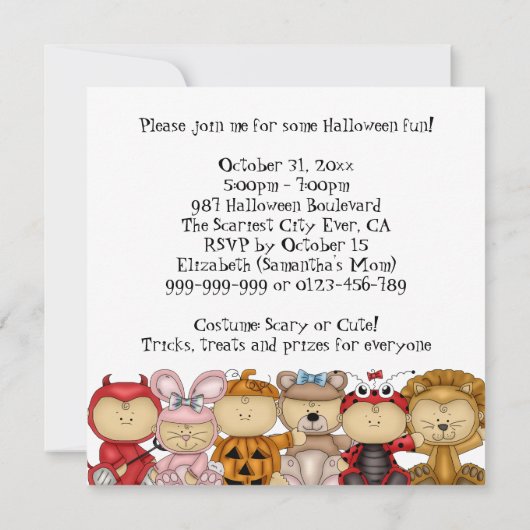 かわいいベビーのハロウィンの衣裳のパーティー 招待状 (裏面)