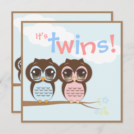 かわいいベビーのフクロウの双生児のベビーシャワーの招待状 招待状 (正面/裏面)