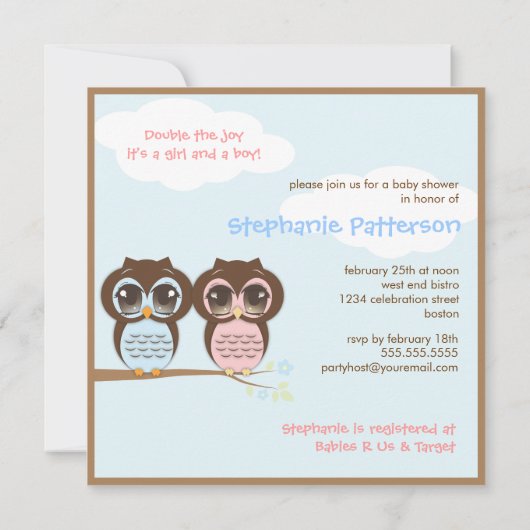 かわいいベビーのフクロウの双生児のベビーシャワーの招待状 招待状 (裏面)